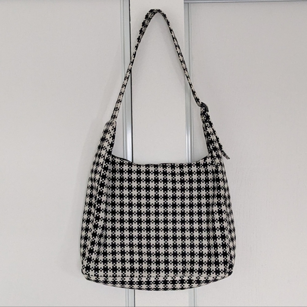 BAGGU Black & White Pixel Gingham Nylon Shoulder Bag EUC